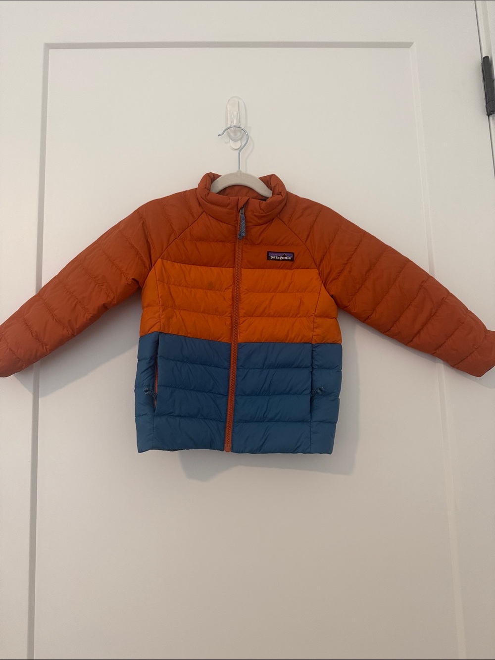 Patagonia Kids three Tone Puffer Jacket in Orange & Teal